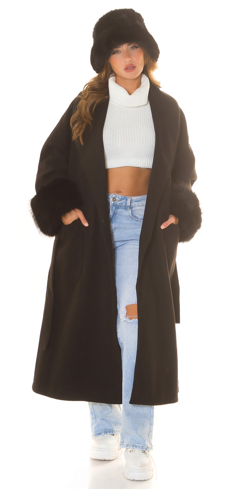 Manteau Long Blogger Style au manche en fausse fourrure