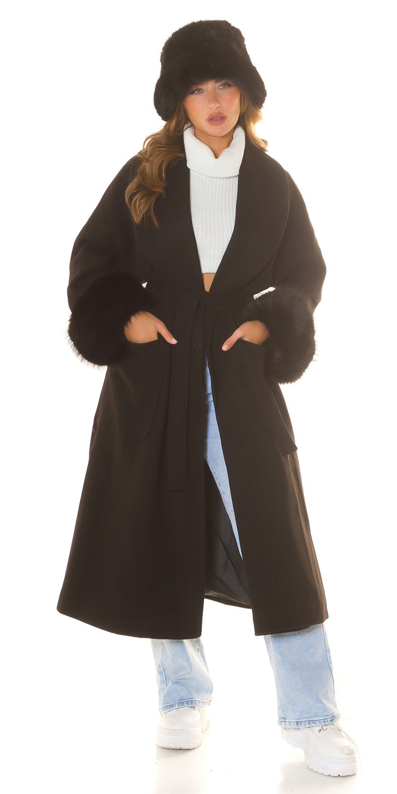 Manteau Long Blogger Style au manche en fausse fourrure