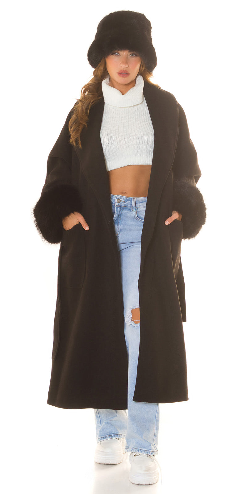 Manteau Long Blogger Style au manche en fausse fourrure