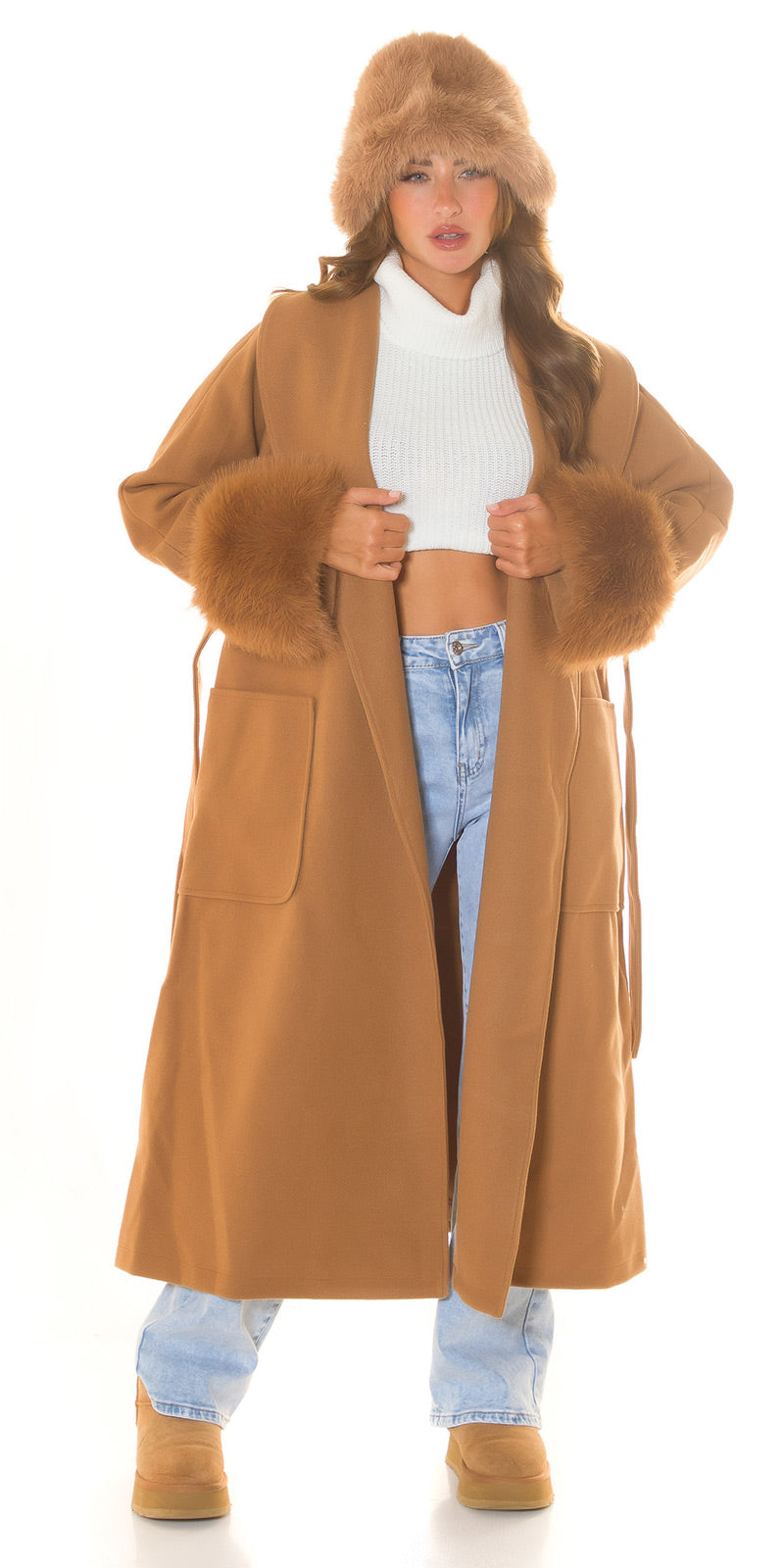 Manteau Long Blogger Style au manche en fausse fourrure